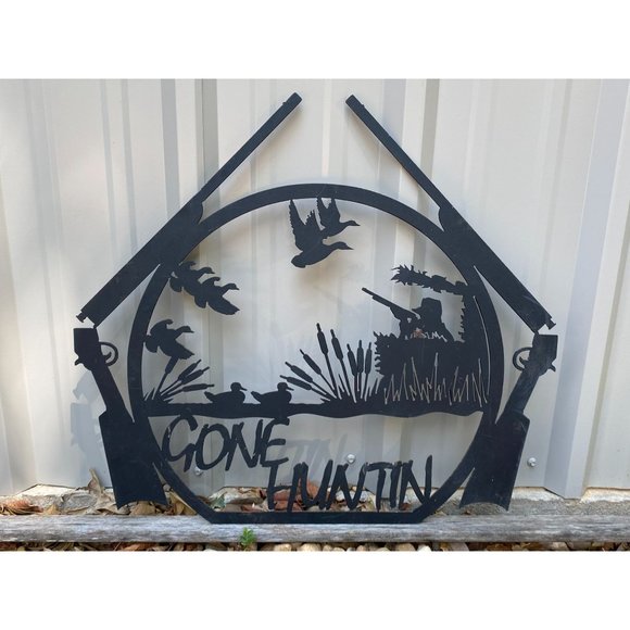Vintage "Gone Huntin"  Metal Silhouette Sign Rifle Ducks Hunter Duck Hunting 26" - Picture 1 of 12